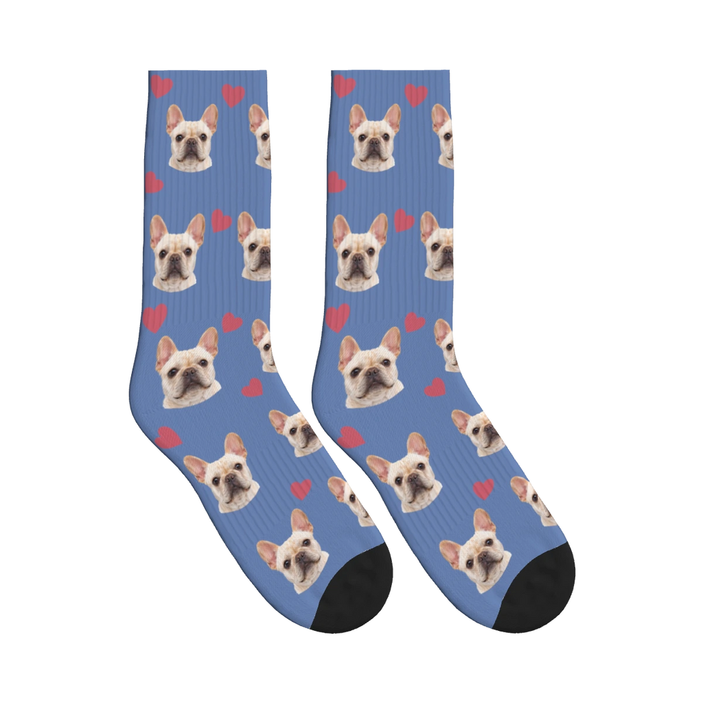 Pink Heart Dog Face Socks in Slate Blue with a personalized dog photo