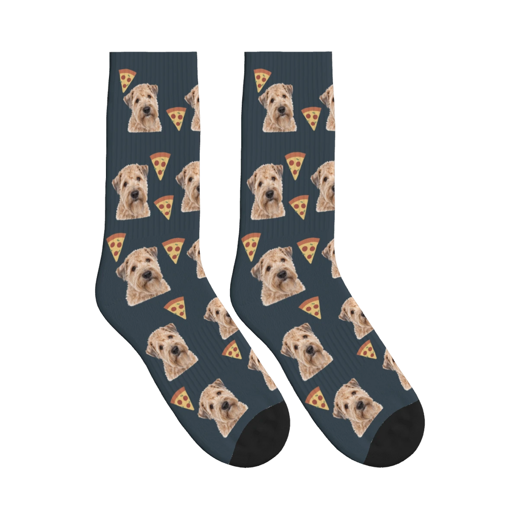 Pizza Dog Face Socks in Charcoal Gray with a personalized dog photo