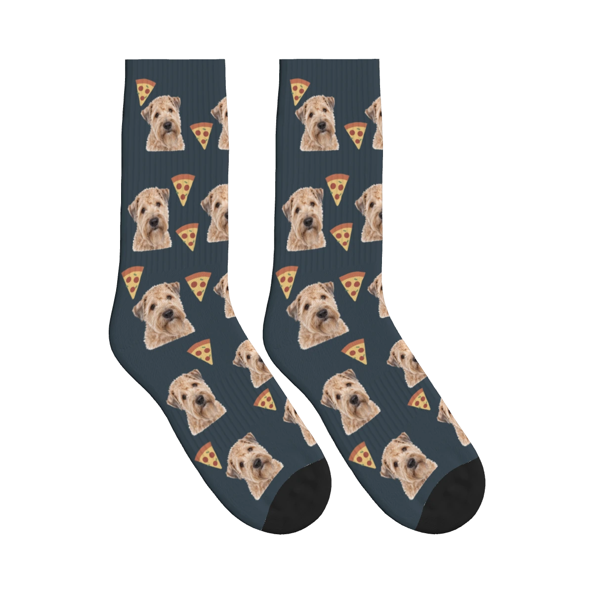 Pizza Dog Face Socks in Charcoal Gray with a personalized dog photo