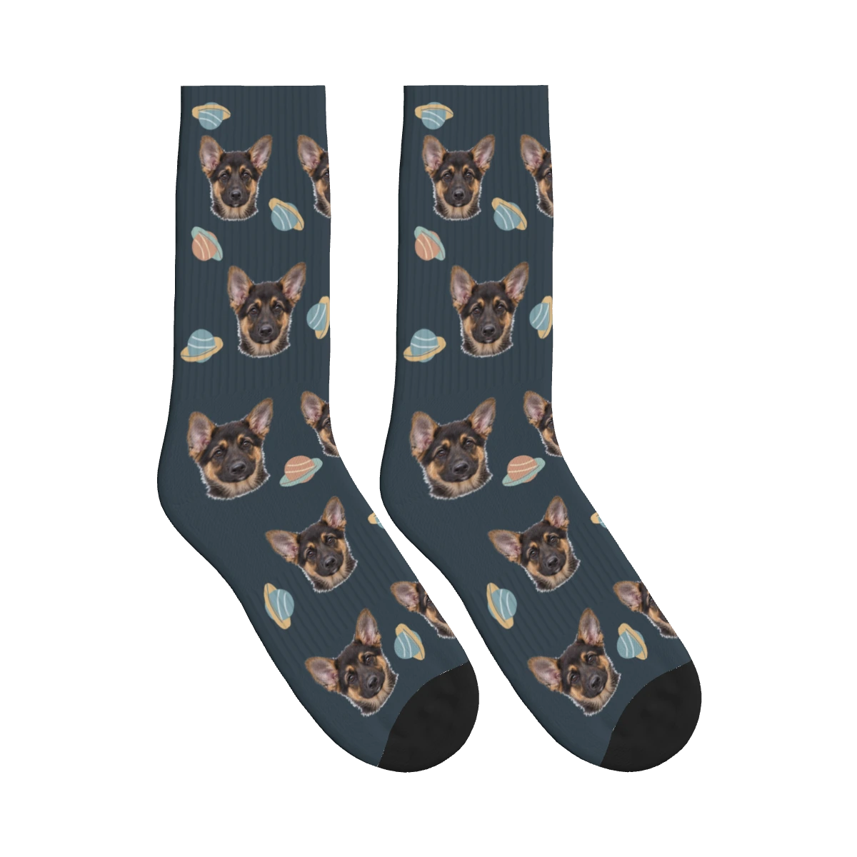 Planet Dog Face Socks in Charcoal Gray with a personalized dog photo