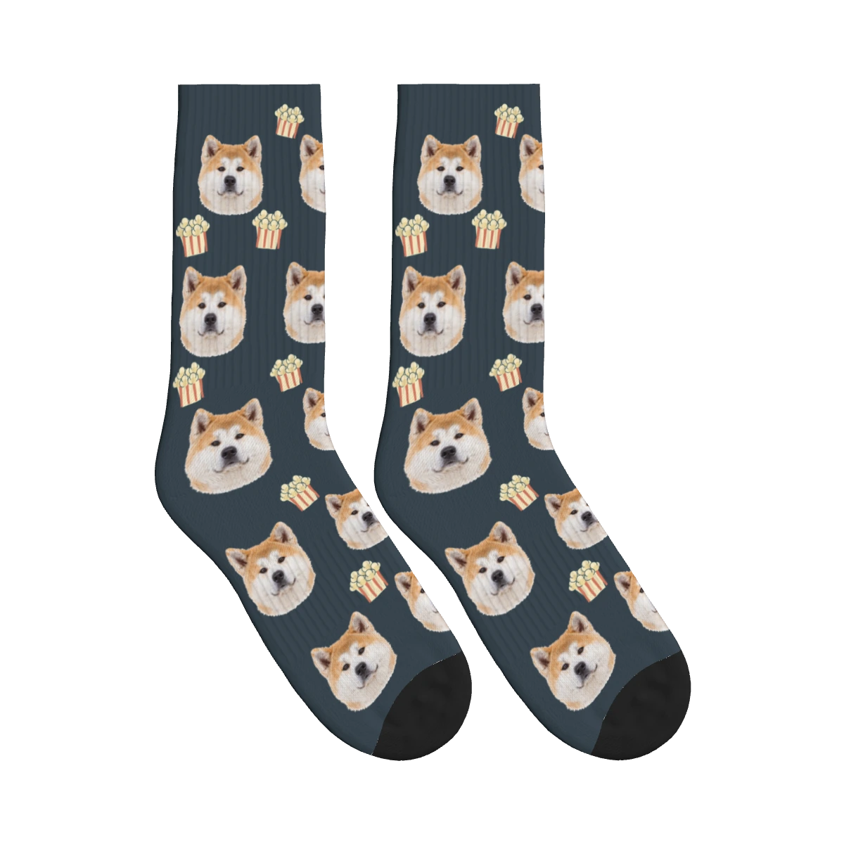 Popcorn Dog Face Socks in Charcoal Gray with a personalized dog photo