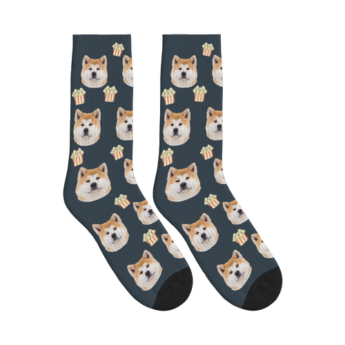Popcorn Dog Face Socks in Charcoal Gray with a personalized dog photo