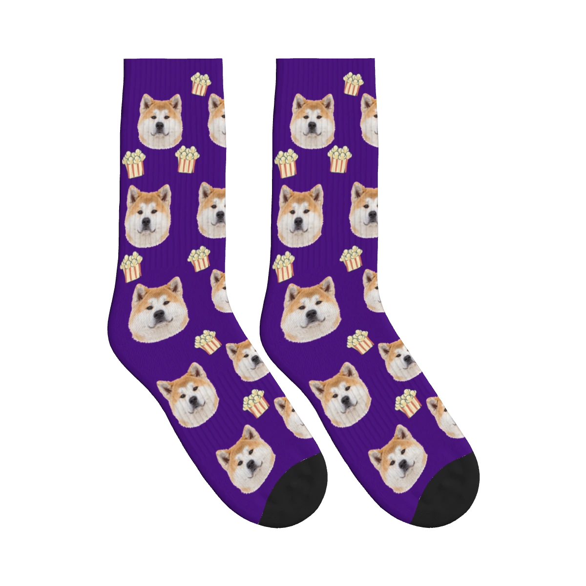 Popcorn Dog Face Socks in Deep Purple with a personalized dog photo