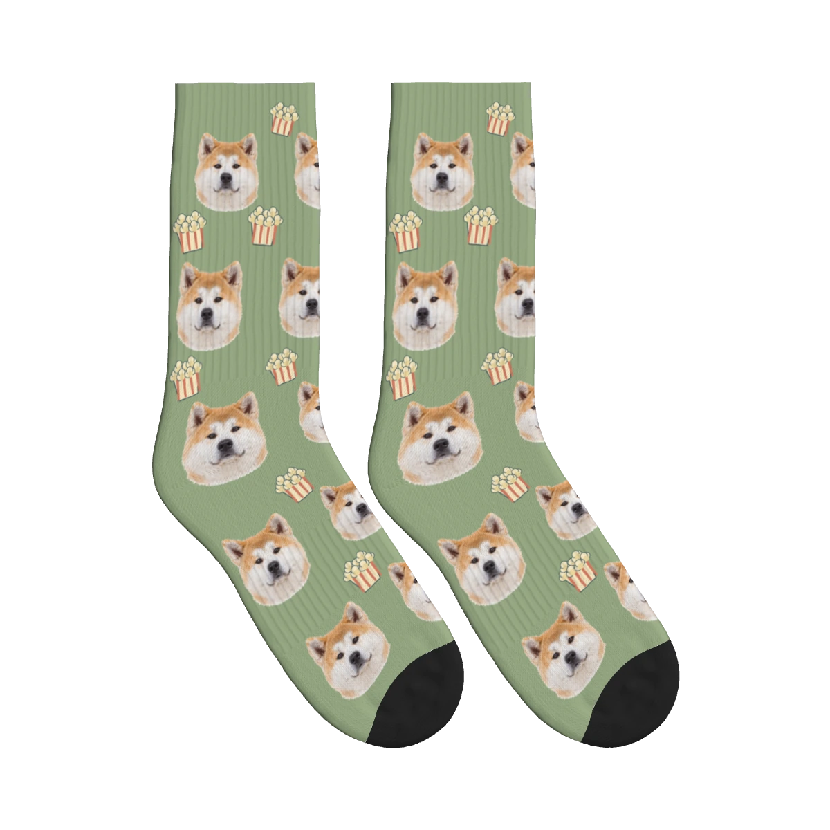 Popcorn Dog Face Socks in Sage Green with a personalized dog photo
