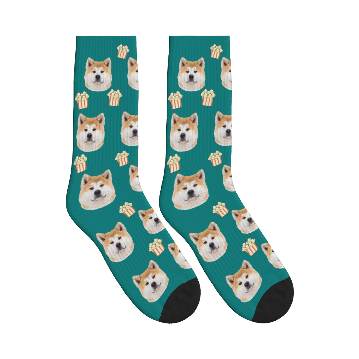 Popcorn Dog Face Socks in Teal with a personalized dog photo