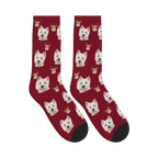 Reindeer Dog Face Socks in Burgundy with a personalized dog photo
