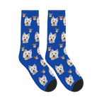 Reindeer Dog Face Socks in Cobalt Blue with a personalized dog photo