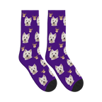Reindeer Dog Face Socks in Deep Purple with a personalized dog photo