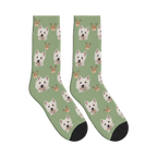 Reindeer Dog Face Socks in Sage Green with a personalized dog photo