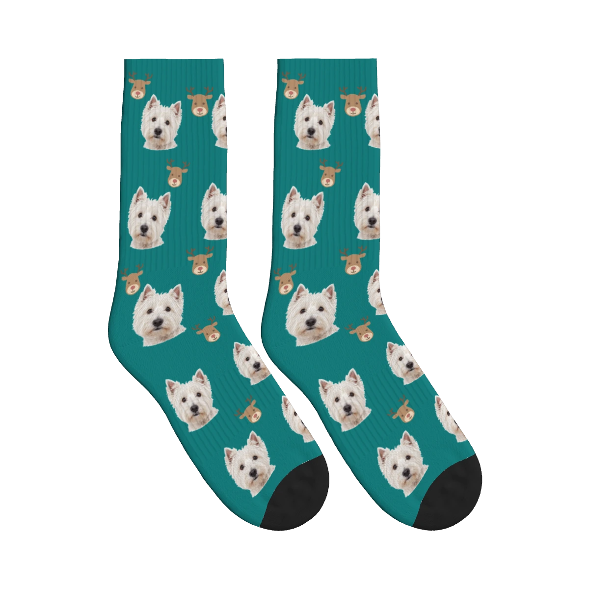 Reindeer Dog Face Socks in Teal with a personalized dog photo