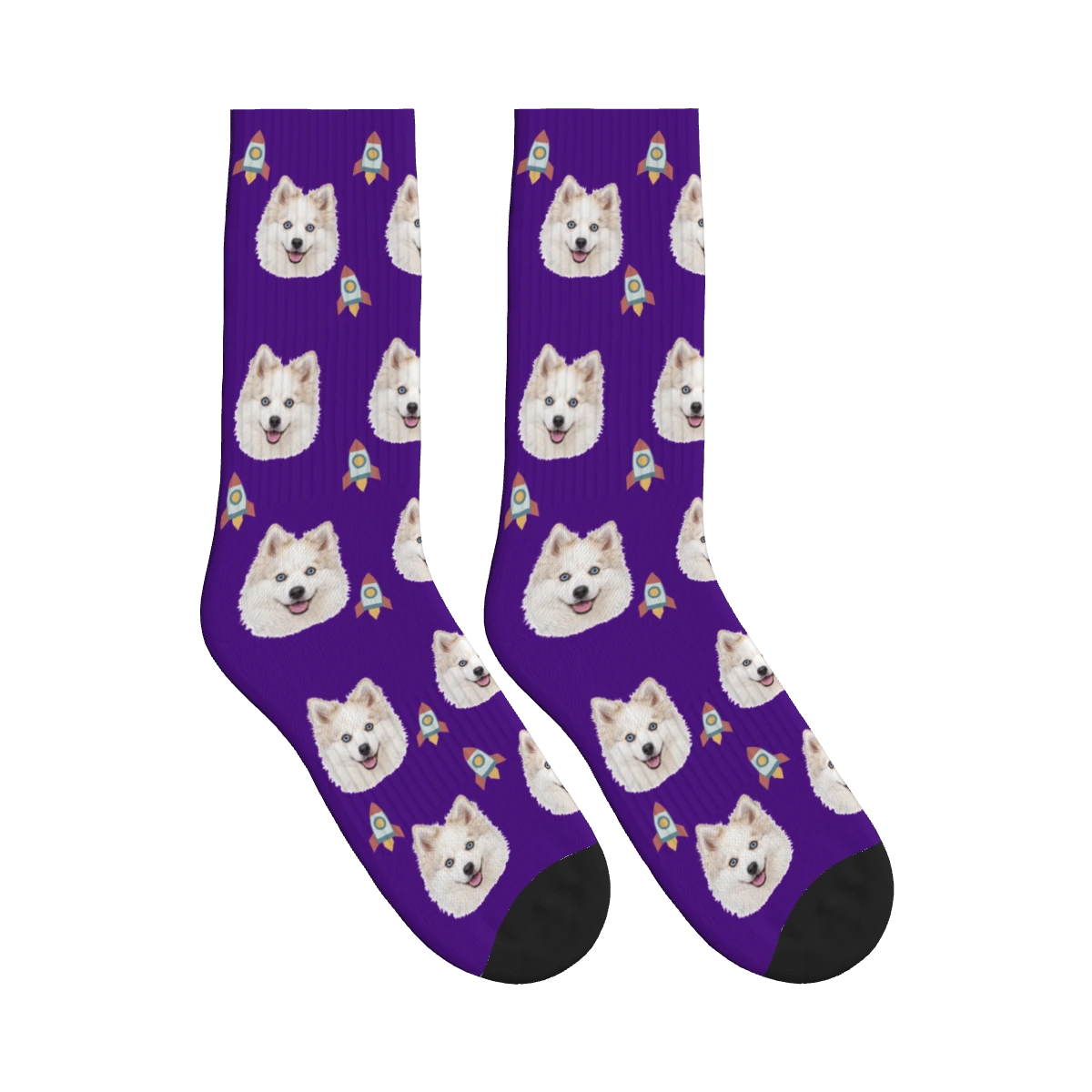 Rocket Dog Face Socks in Deep Purple with a personalized dog photo