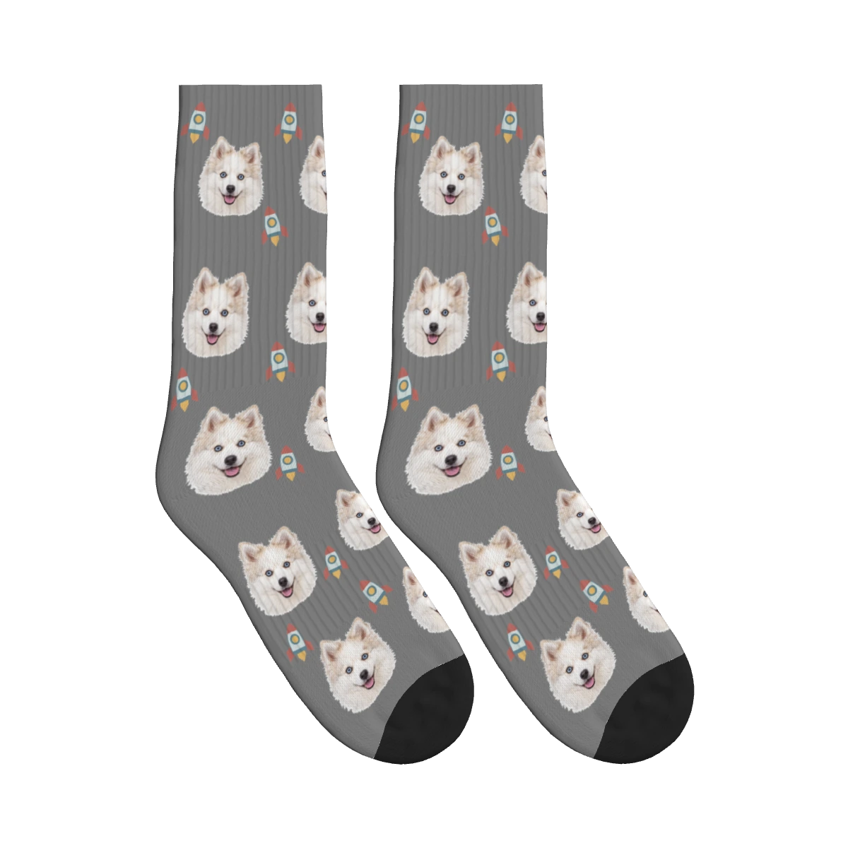 Rocket Dog Face Socks in Gray with a personalized dog photo