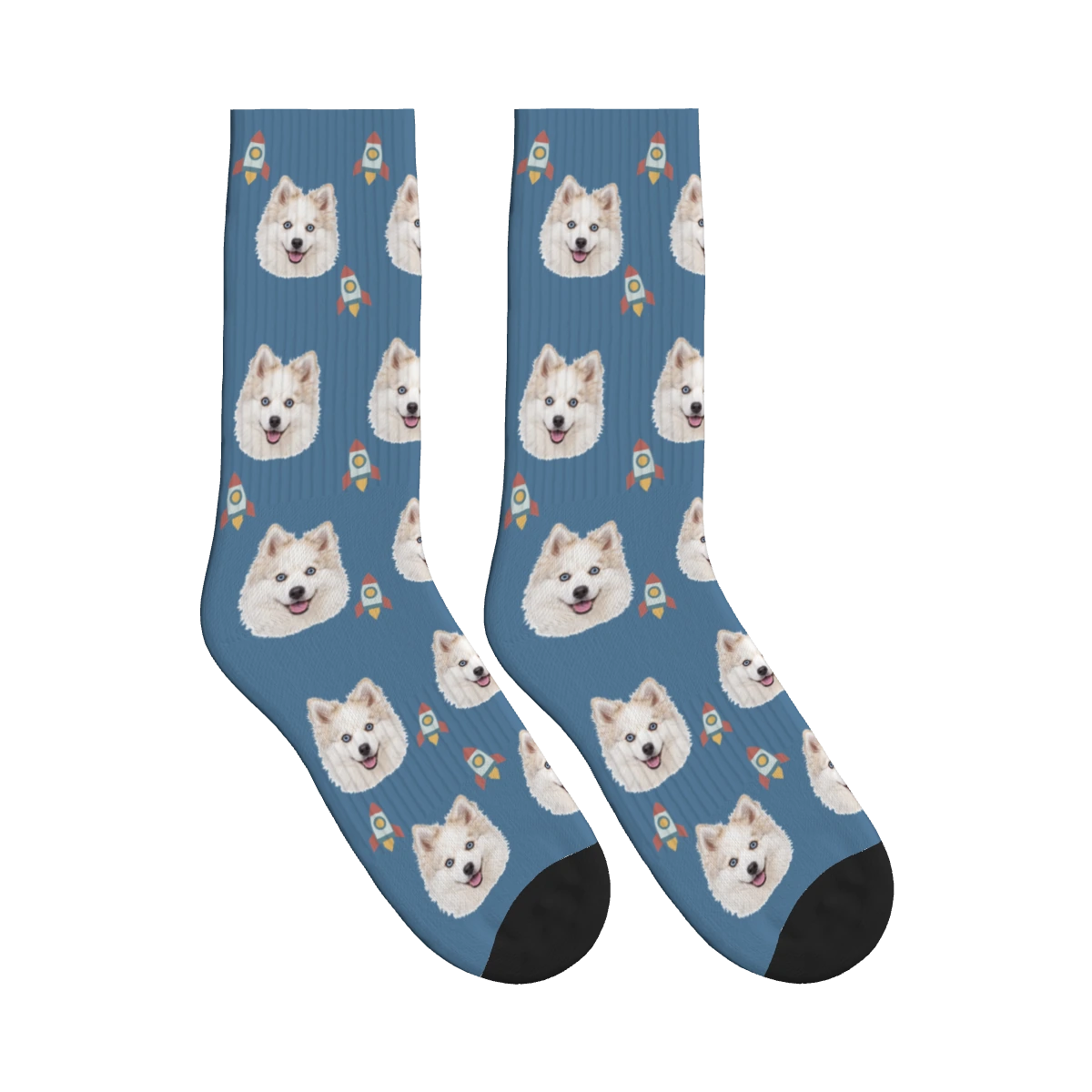 Rocket Dog Face Socks in Steel Blue with a personalized dog photo