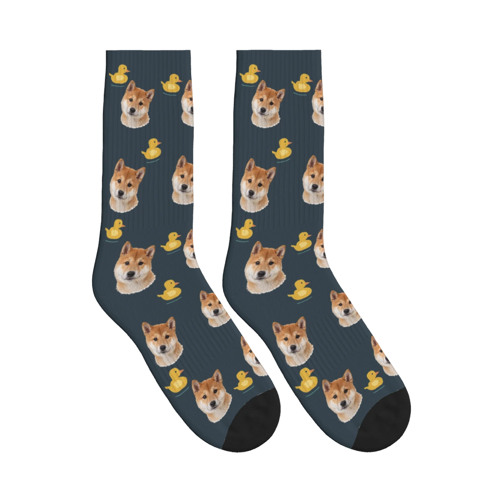 Rubber Duck Dog Face Socks in Charcoal Gray with a personalized dog photo