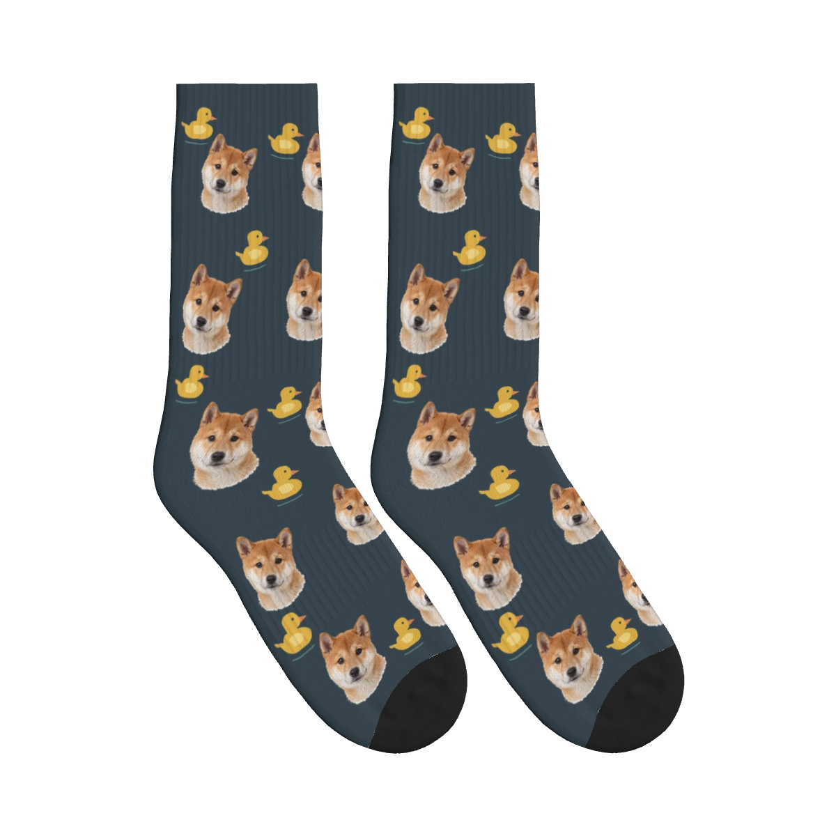 Rubber Duck Dog Face Socks in Charcoal Gray with a personalized dog photo