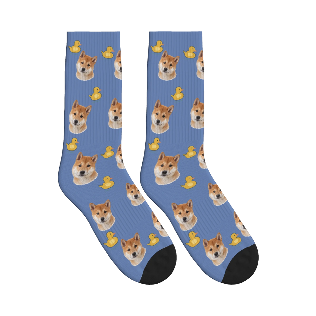 Rubber Duck Dog Face Socks in Slate Blue with a personalized dog photo