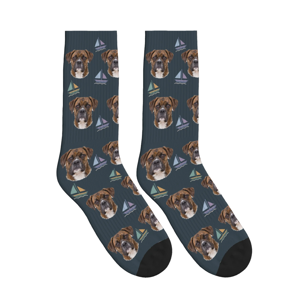 Sailboat Dog Face Socks in Charcoal Gray with a personalized dog photo
