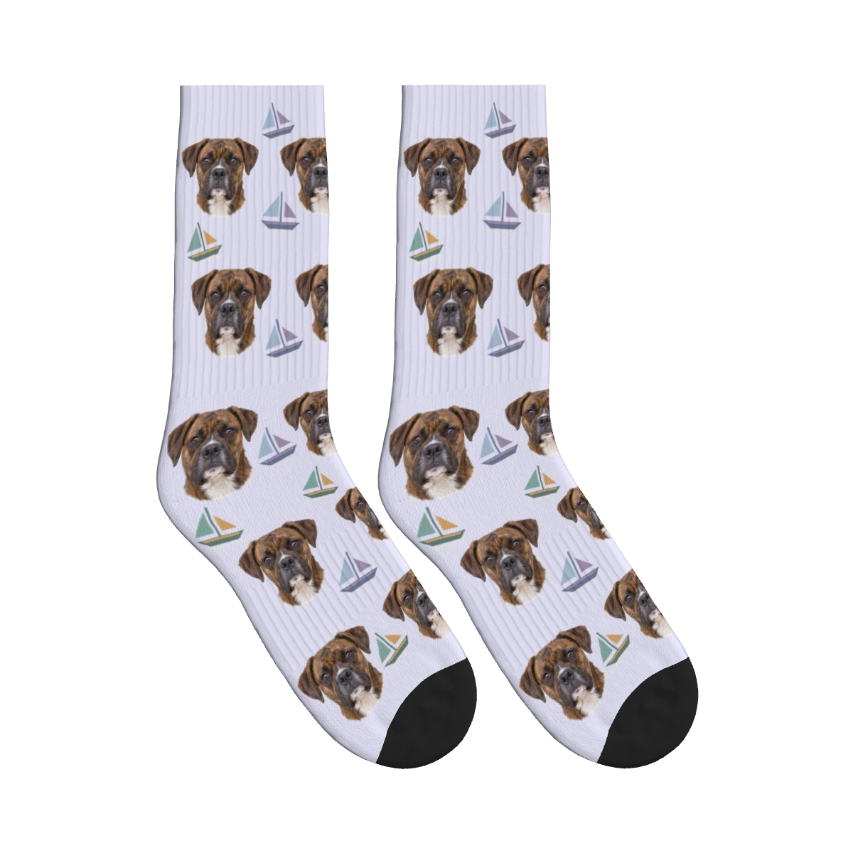 Sailboat Dog Face Socks in Lavender with a personalized dog photo