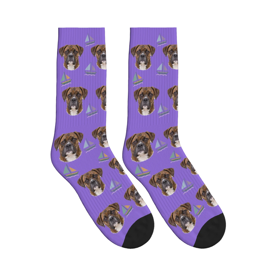 Sailboat Dog Face Socks in Purple with a personalized dog photo
