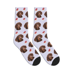 Santa Hat Dog Face Socks in Lavender with a personalized dog photo