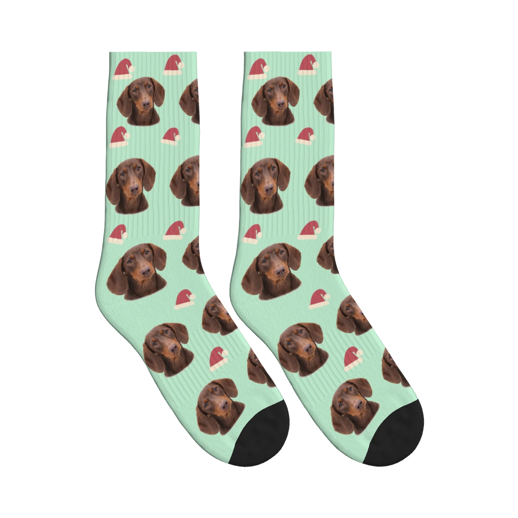 Santa Hat Dog Face Socks in Mint Green with a personalized dog photo