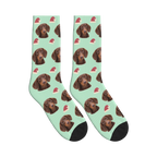 Santa Hat Dog Face Socks in Mint Green with a personalized dog photo