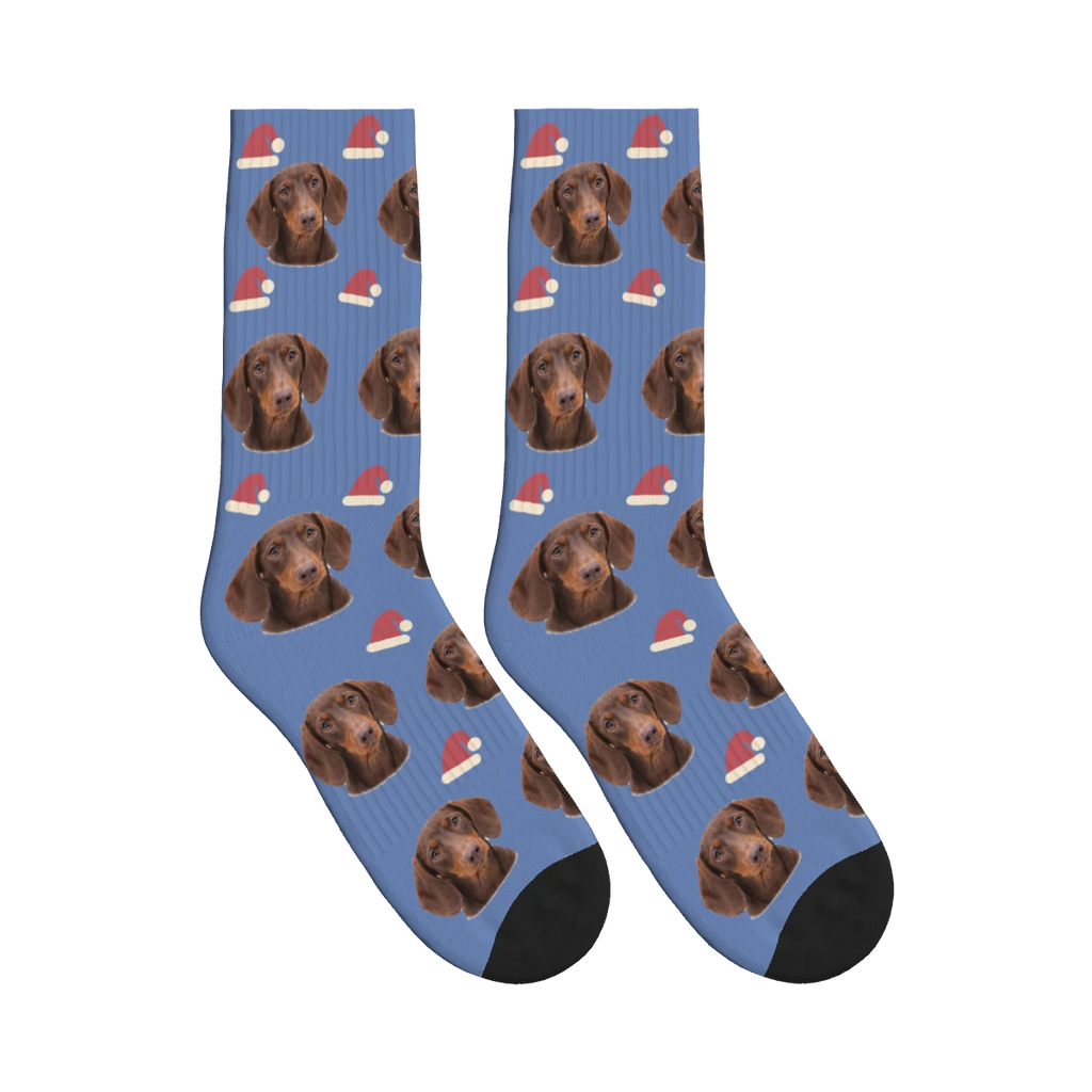 Santa Hat Dog Face Socks in Slate Blue with a personalized dog photo