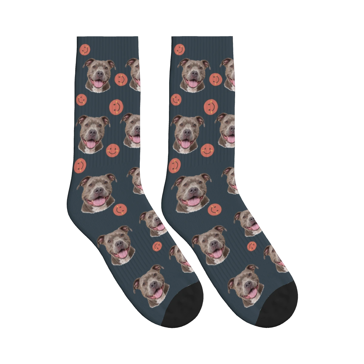Smiley Dog Face Socks in Charcoal Gray with a personalized dog photo