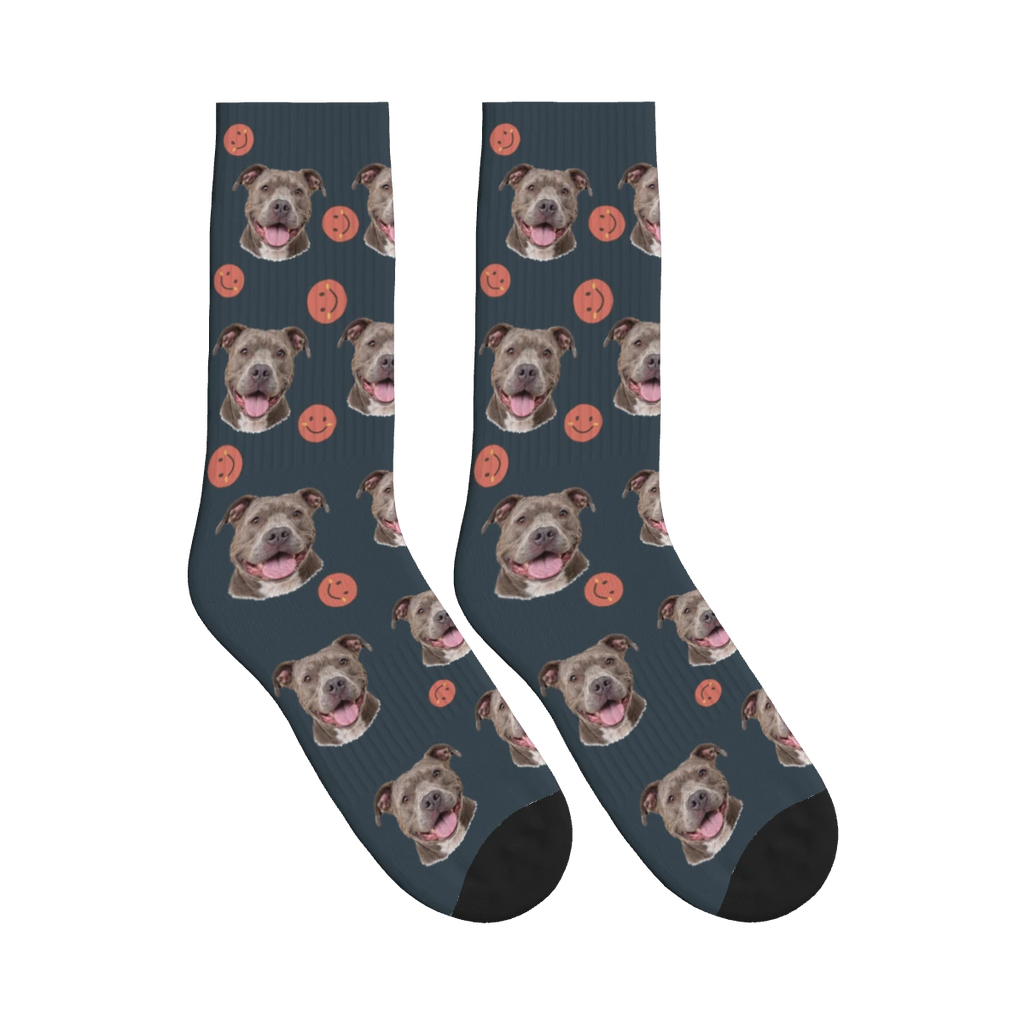 Smiley Dog Face Socks in Charcoal Gray with a personalized dog photo