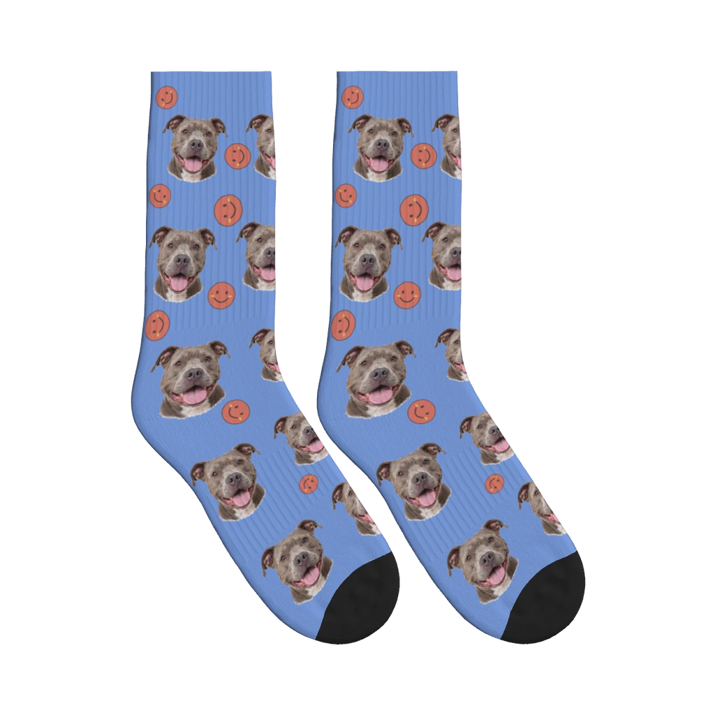 Smiley Dog Face Socks in Cornflower Blue with a personalized dog photo