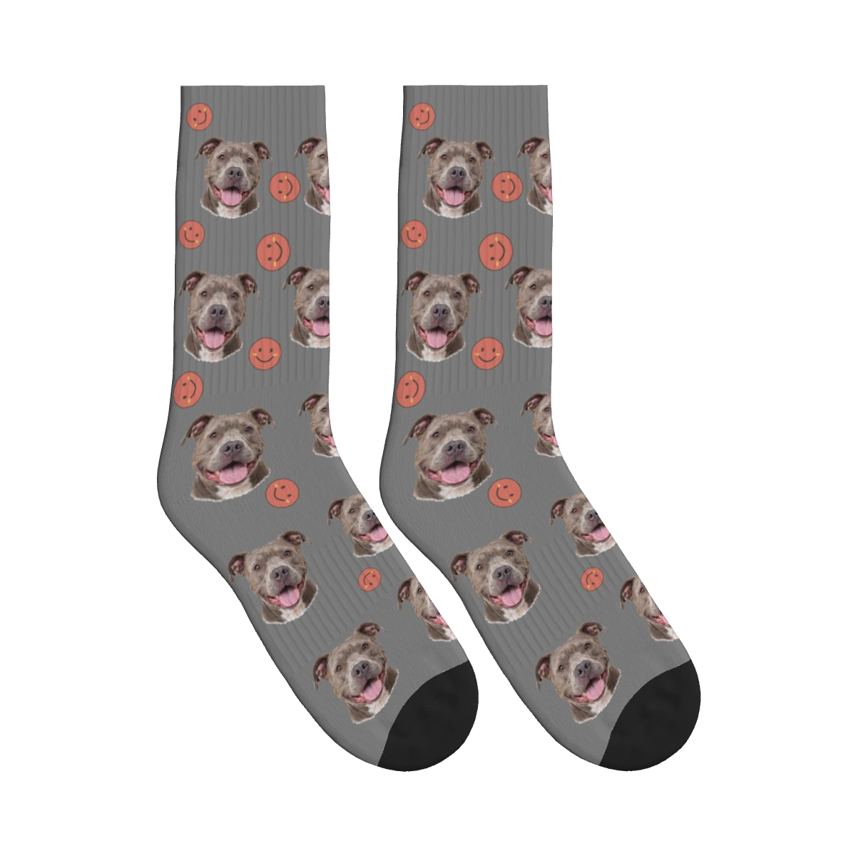 Smiley Dog Face Socks in Gray with a personalized dog photo