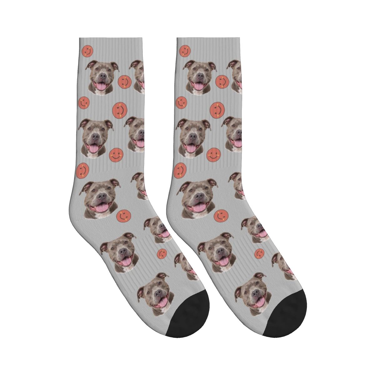 Smiley Dog Face Socks in Light Gray with a personalized dog photo