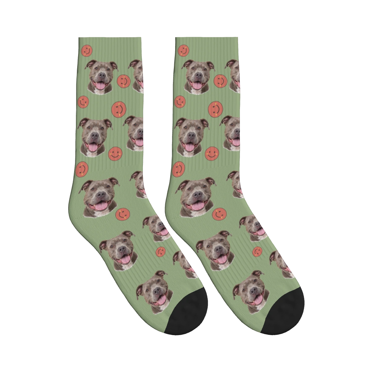 Smiley Dog Face Socks in Sage Green with a personalized dog photo