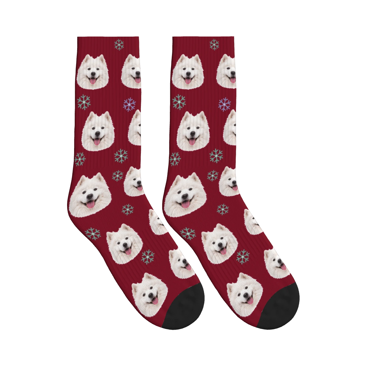 Snowflake Dog Face Socks in Burgundy with a personalized dog photo