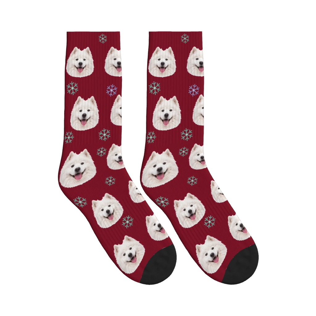 Snowflake Dog Face Socks in Burgundy with a personalized dog photo