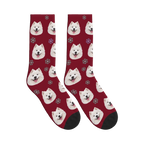 Snowflake Dog Face Socks in Burgundy with a personalized dog photo