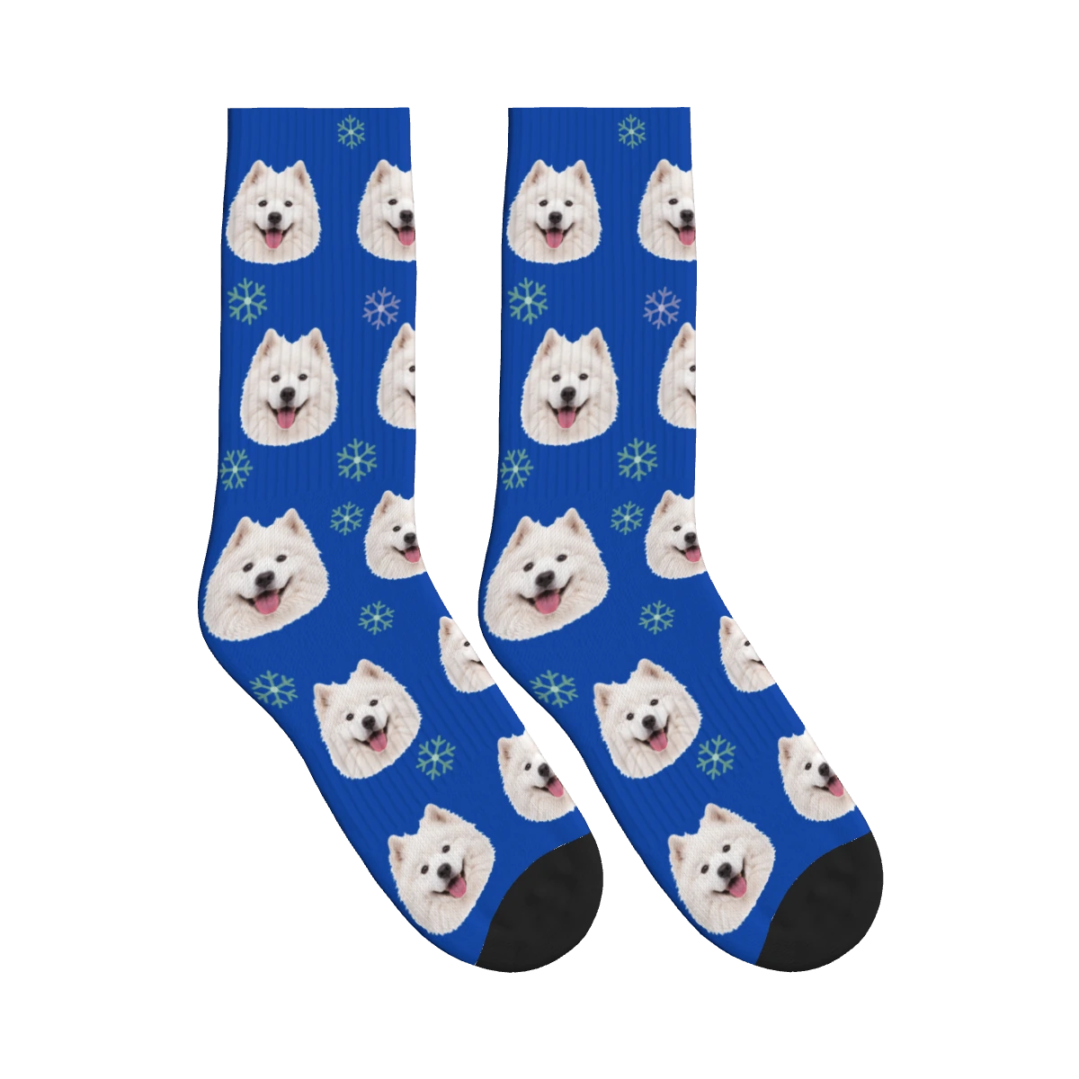 Snowflake Dog Face Socks in Cobalt Blue with a personalized dog photo