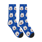 Snowflake Dog Face Socks in Cobalt Blue with a personalized dog photo