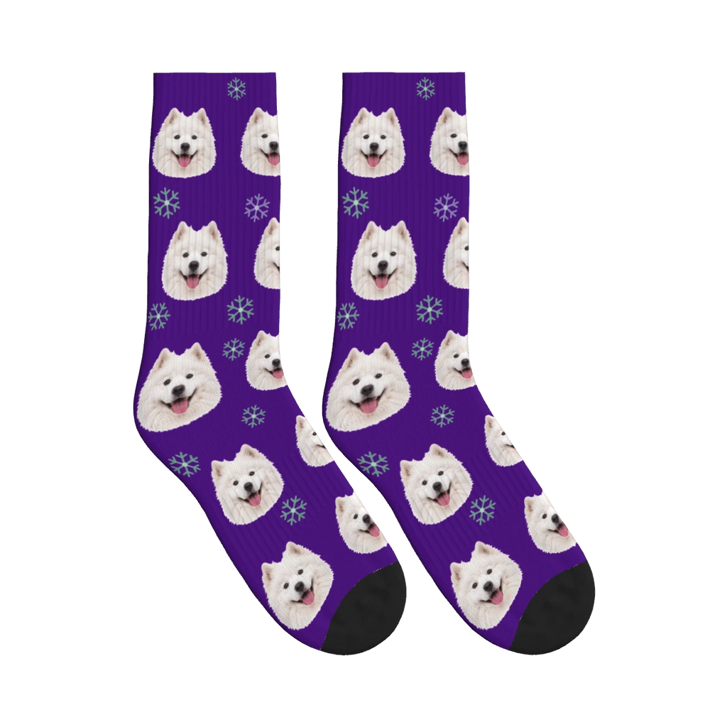 Snowflake Dog Face Socks in Deep Purple with a personalized dog photo