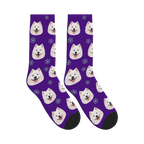 Snowflake Dog Face Socks in Deep Purple with a personalized dog photo