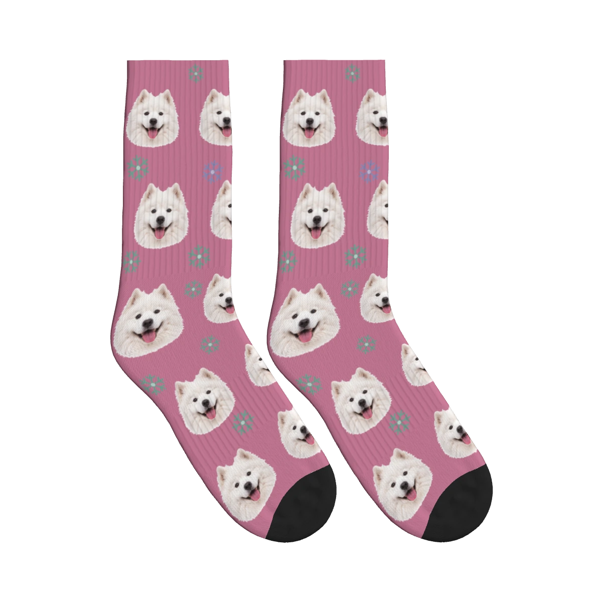 Snowflake Dog Face Socks in Dusty Rose with a personalized dog photo
