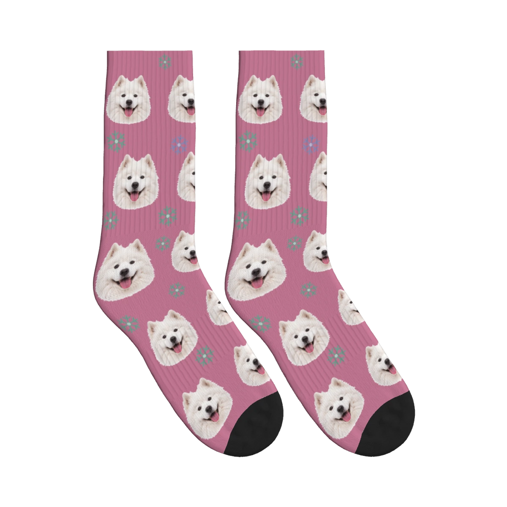 Snowflake Dog Face Socks in Dusty Rose with a personalized dog photo