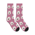 Snowflake Dog Face Socks in Dusty Rose with a personalized dog photo