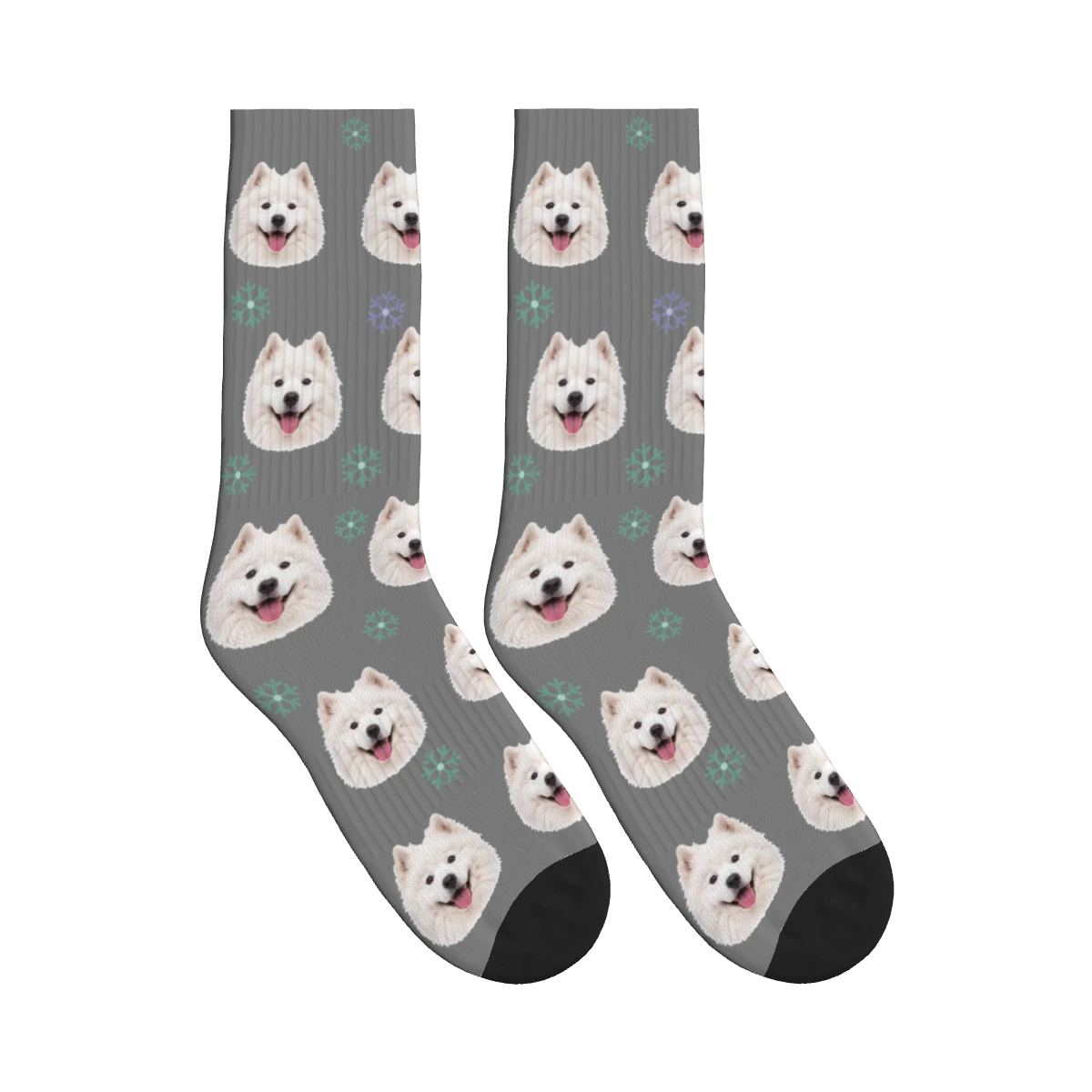 Snowflake Dog Face Socks in Gray with a personalized dog photo