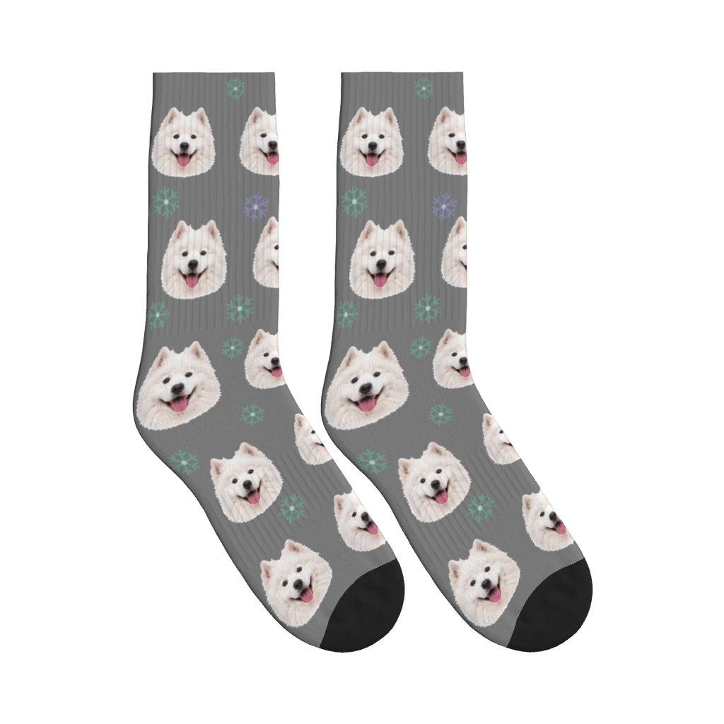 Snowflake Dog Face Socks in Gray with a personalized dog photo