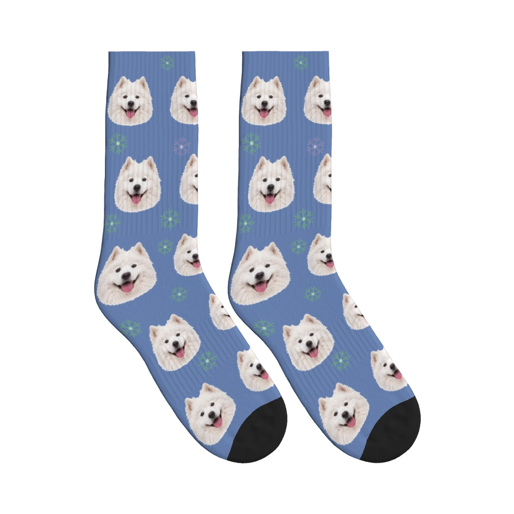 Snowflake Dog Face Socks in Slate Blue with a personalized dog photo
