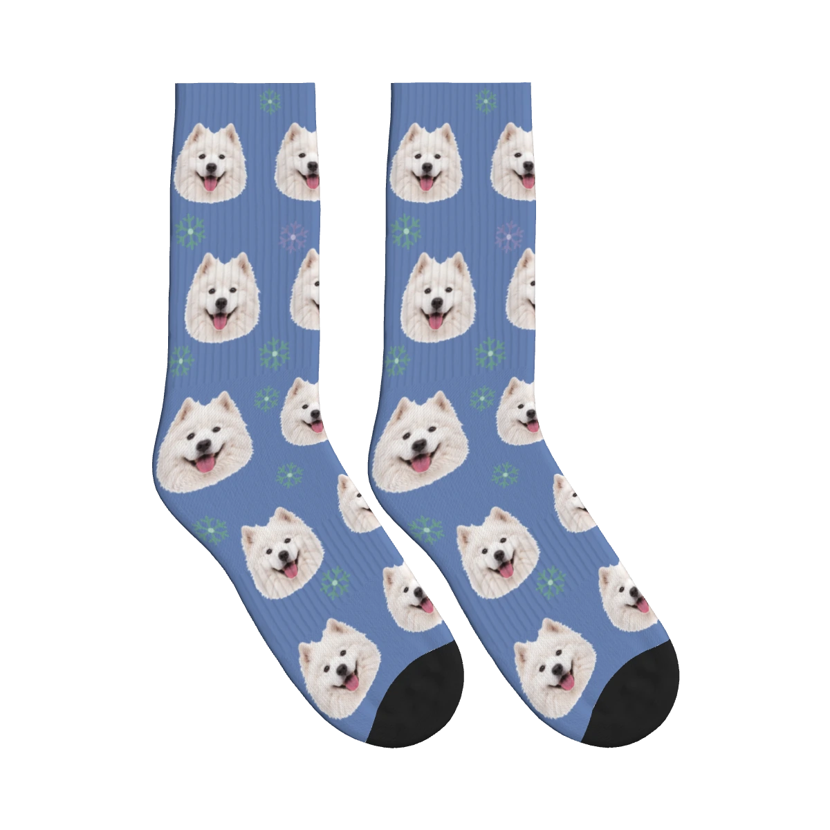 Snowflake Dog Face Socks in Slate Blue with a personalized dog photo