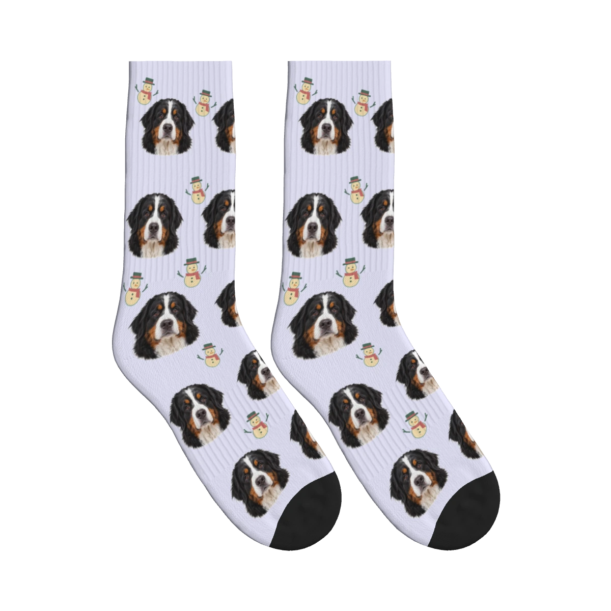 Snowman Dog Face Socks in Lavender with a personalized dog photo