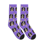 Snowman Dog Face Socks in Purple with a personalized dog photo