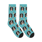 Snowman Dog Face Socks in Turquoise with a personalized dog photo